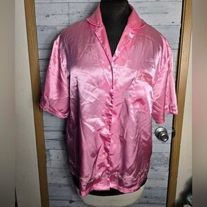 Vtg Kathyrn Pink Satin Embroidered Button-Up Pajama Shirt